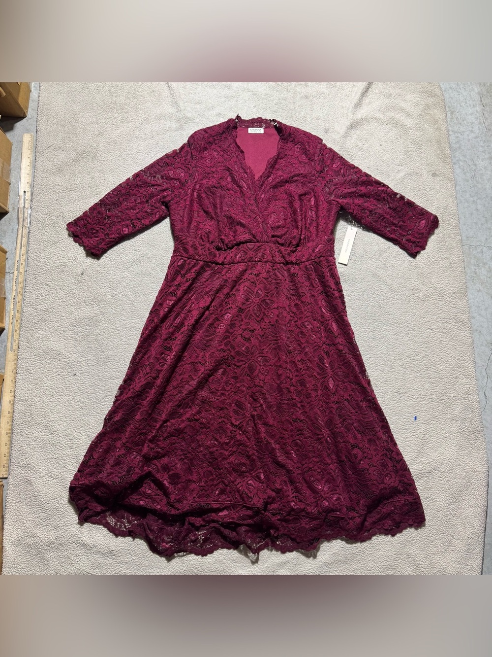 Kiyonna Dress Womens 1X Burgundy 1/2 Sleeve Floral A Line V Neck Lined NEW